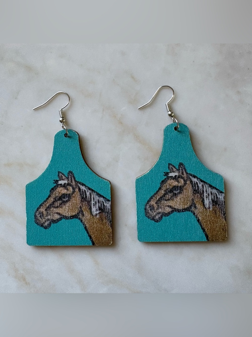 Western Horse Tag Wooden Dangle Earrings Teal